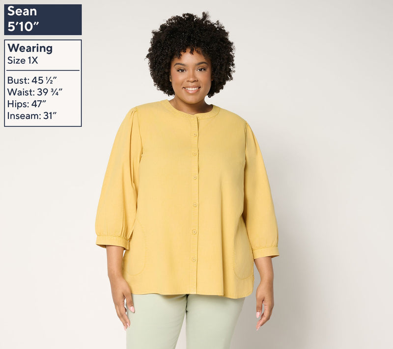 LOGO by Lori Goldstein Button Front 100% Cotton Washed Shirt — View 2
