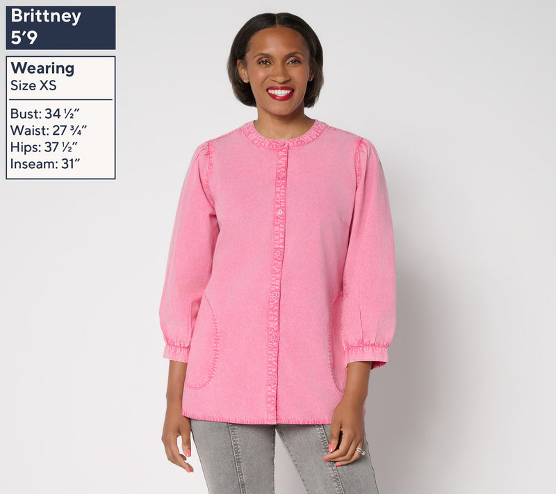 LOGO by Lori Goldstein Button Front 100% Cotton Washed Shirt — View 3