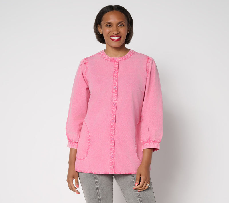 LOGO by Lori Goldstein Button Front 100% Cotton Washed Shirt — View 11