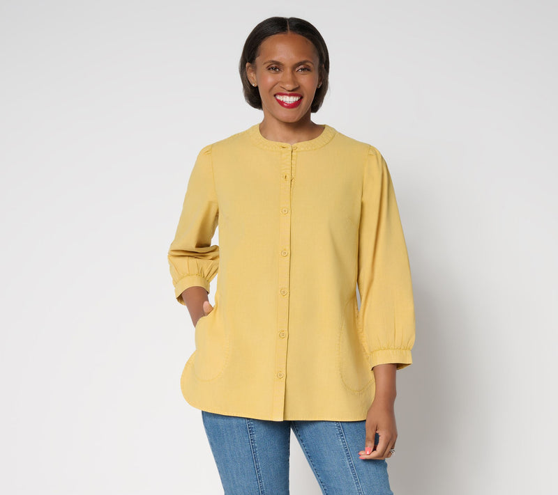 LOGO by Lori Goldstein Button Front 100% Cotton Washed Shirt — View 12
