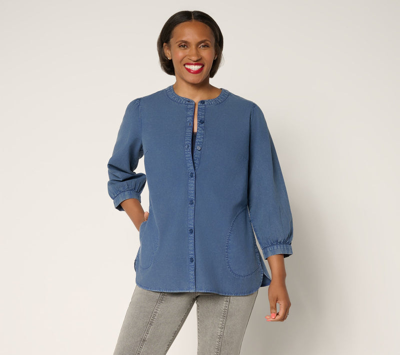 LOGO by Lori Goldstein Button Front 100% Cotton Washed Shirt — View 13