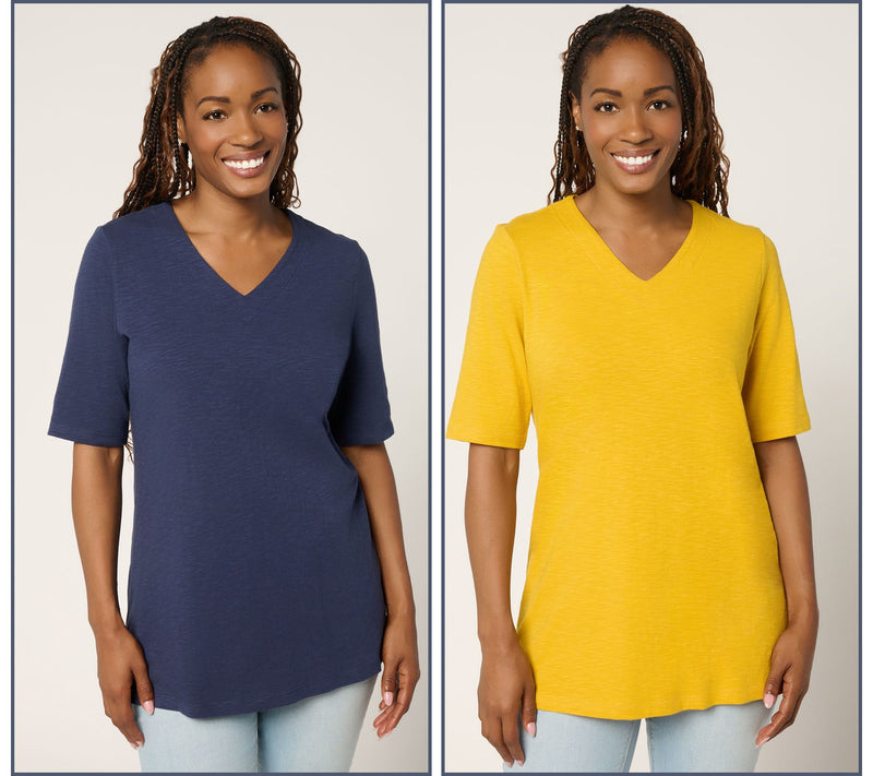 Denim & Co. Essentials Textured Knit 2-Pack V-Neck Tunics — Main view