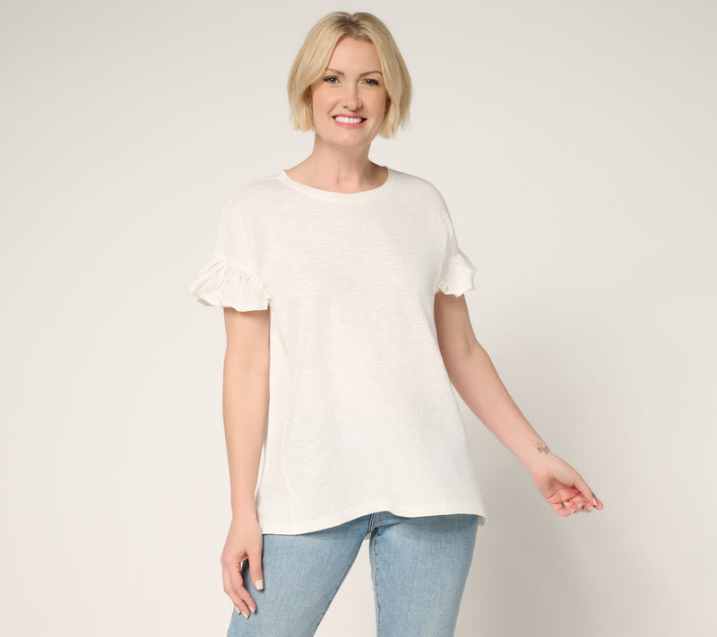 LOGO by Lori Goldstein 100% Cotton Ruffle Sleeve Tee — View 5