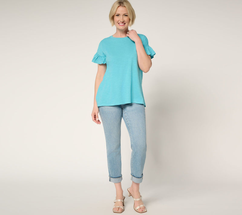 LOGO by Lori Goldstein 100% Cotton Ruffle Sleeve Tee — View 12