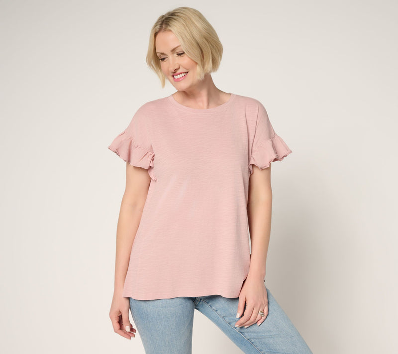 LOGO by Lori Goldstein 100% Cotton Ruffle Sleeve Tee — View 9