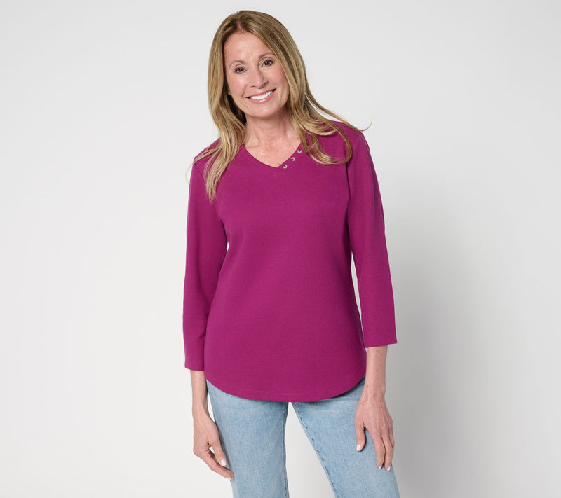 Denim & Co. Essentials Waffle Knit V-Neck Top w/ Button Detail — Main view