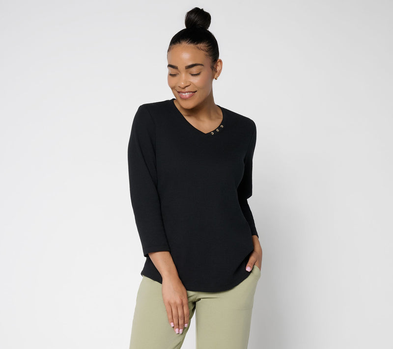 Denim & Co. Essentials Waffle Knit V-Neck Top w/ Button Detail — View 15