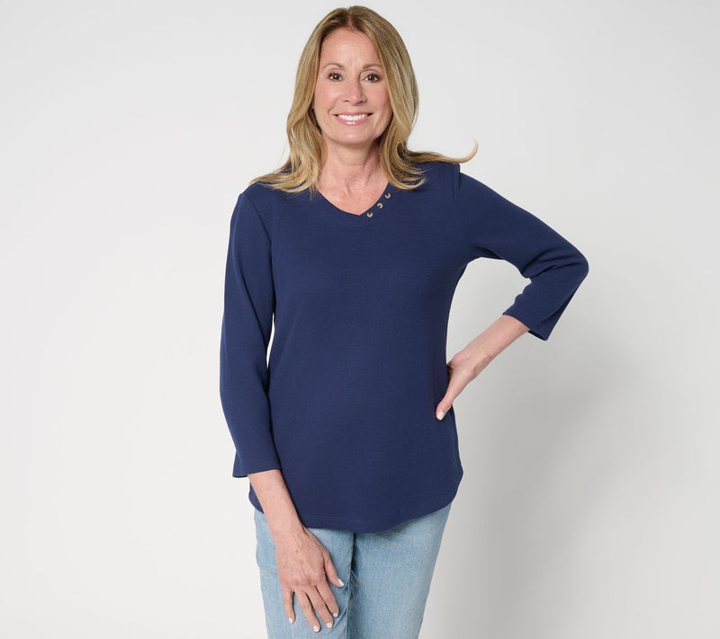 Denim & Co. Essentials Waffle Knit V-Neck Top w/ Button Detail — View 16