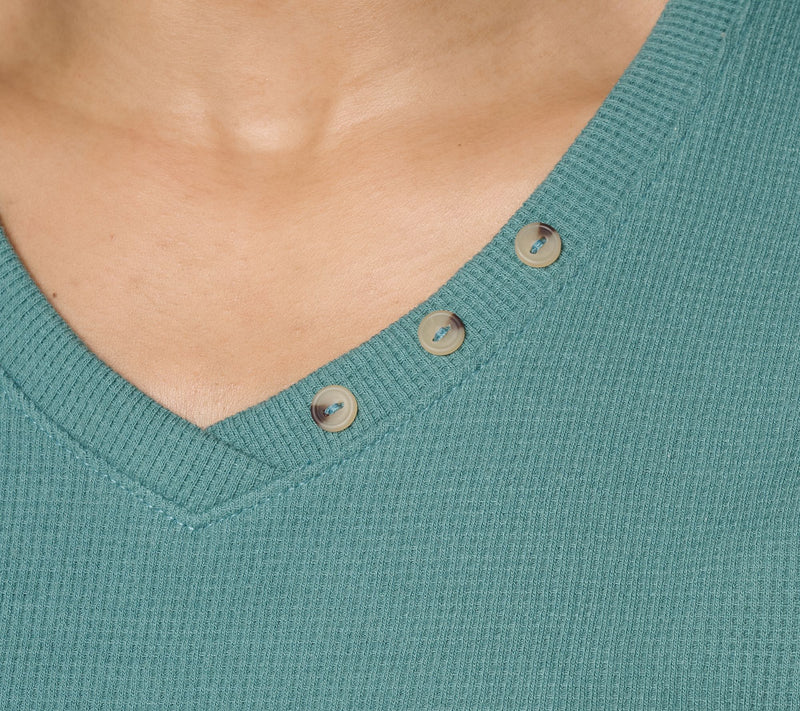 Denim & Co. Essentials Waffle Knit V-Neck Top w/ Button Detail — View 7
