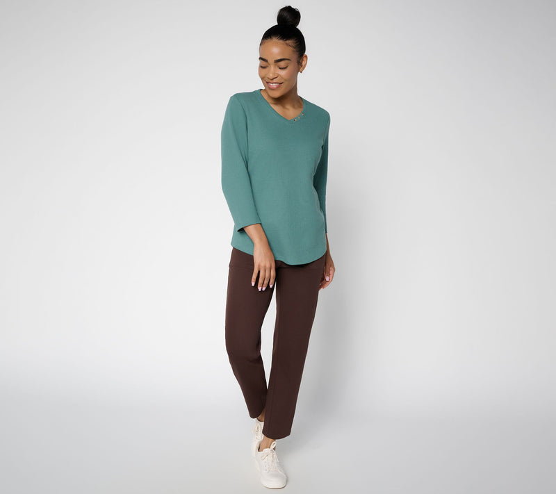 Denim & Co. Essentials Waffle Knit V-Neck Top w/ Button Detail — View 6