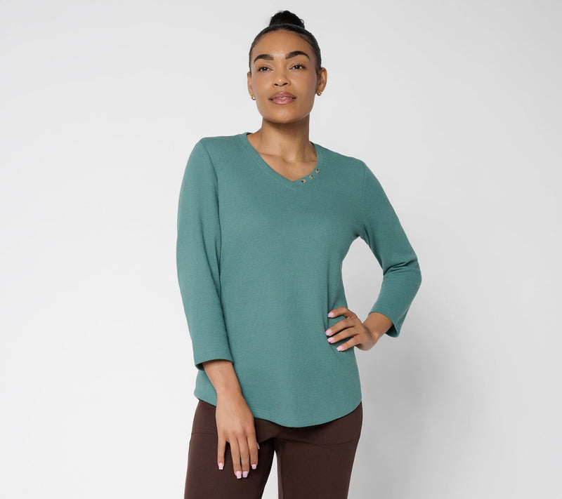 Denim & Co. Essentials Waffle Knit V-Neck Top w/ Button Detail — View 17