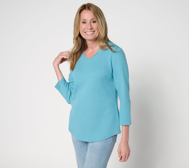 Denim & Co. Essentials Waffle Knit V-Neck Top w/ Button Detail — View 18