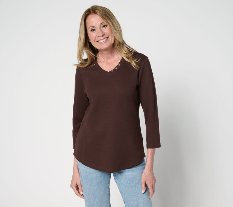 Denim & Co. Essentials Waffle Knit V-Neck Top w/ Button Detail — View 19