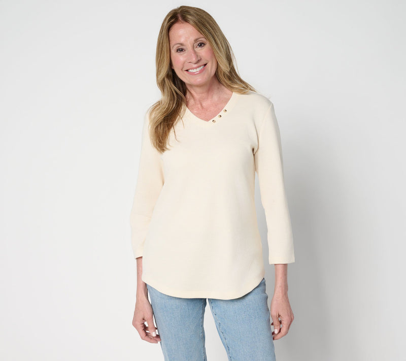 Denim & Co. Essentials Waffle Knit V-Neck Top w/ Button Detail — View 20