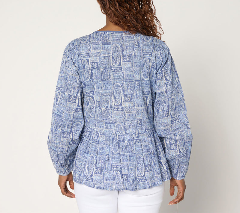 LOGO by Lori Goldstein 100% Cotton Printed Tie Neck Blouse — View 6