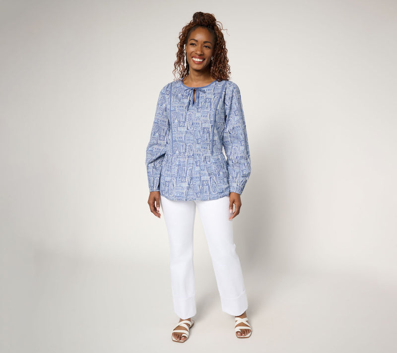LOGO by Lori Goldstein 100% Cotton Printed Tie Neck Blouse — View 7