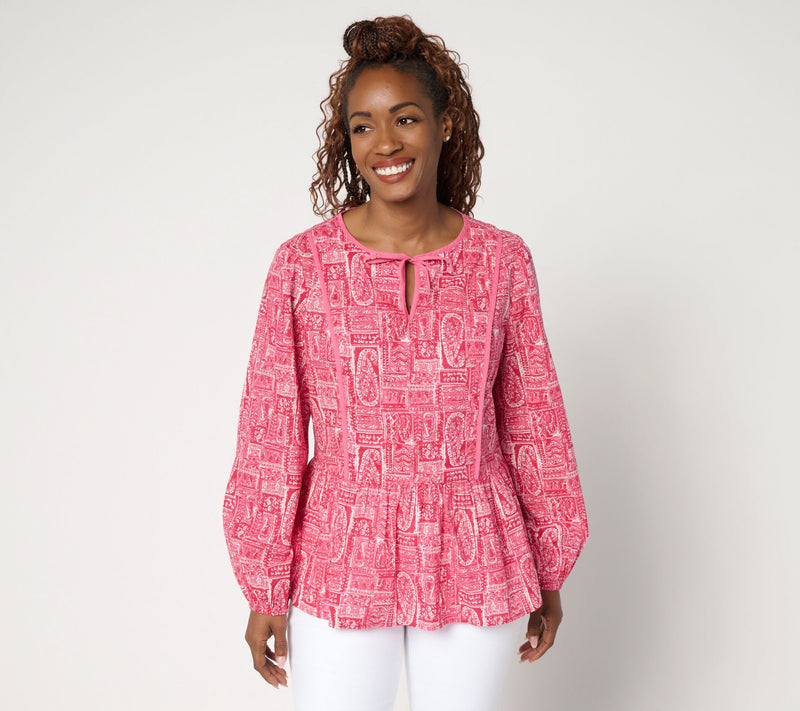 LOGO by Lori Goldstein 100% Cotton Printed Tie Neck Blouse — View 12