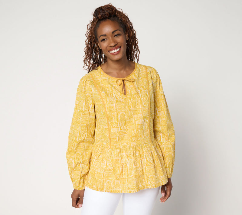 LOGO by Lori Goldstein 100% Cotton Printed Tie Neck Blouse — View 13