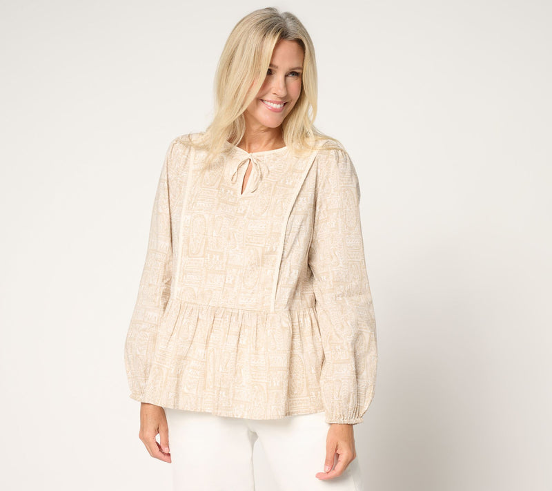 LOGO by Lori Goldstein 100% Cotton Printed Tie Neck Blouse — View 3