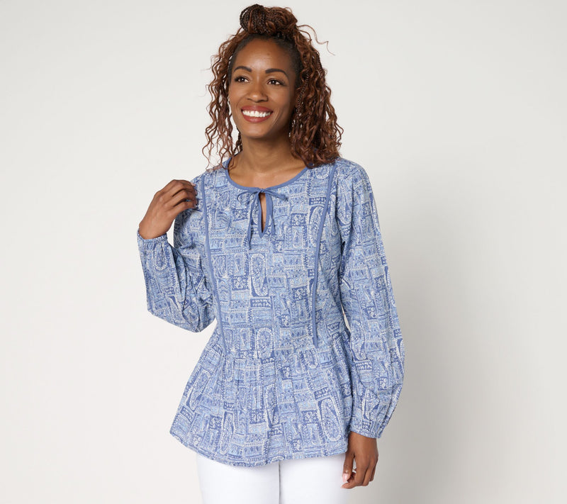 LOGO by Lori Goldstein 100% Cotton Printed Tie Neck Blouse — View 14