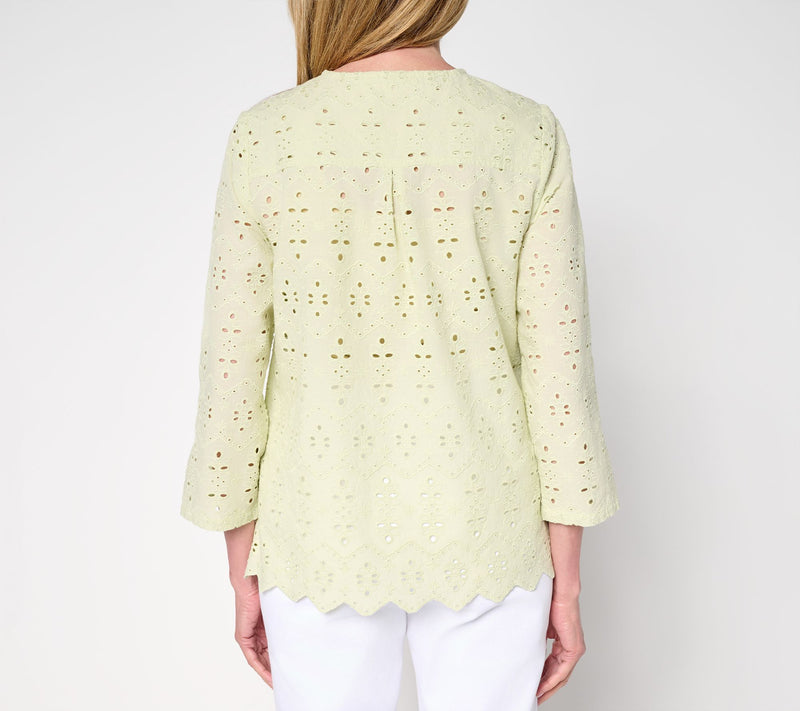 LOGO Lavish by Lori Goldstein Eyelet Button Front Cotton Top — View 10