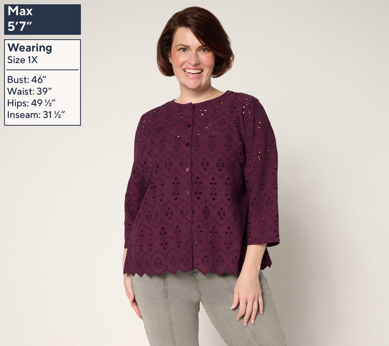 LOGO Lavish by Lori Goldstein Eyelet Button Front Cotton Top — View 8