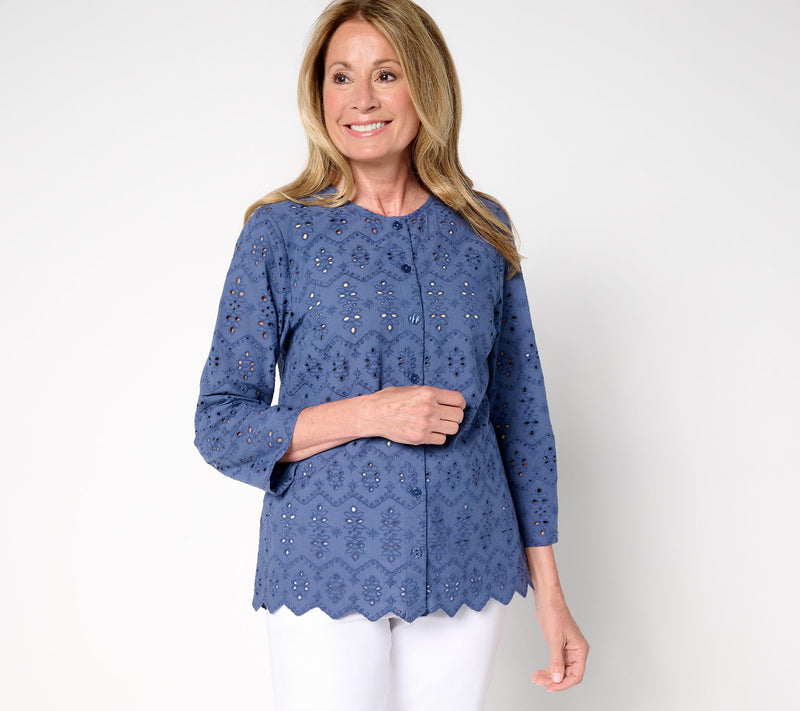 LOGO Lavish by Lori Goldstein Eyelet Button Front Cotton Top — Main view