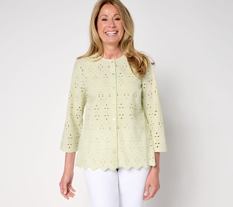 LOGO Lavish by Lori Goldstein Eyelet Button Front Cotton Top — View 5