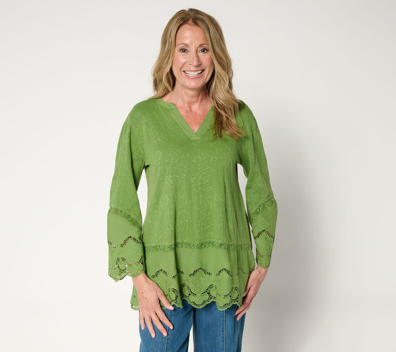 LOGO Lavish by Lori Goldstein 100% Cotton Embroidered Lace Top — View 3