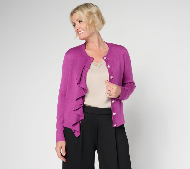 by Stacy London Ruffle Cardigan with Faux Pearl Buttons — View 12
