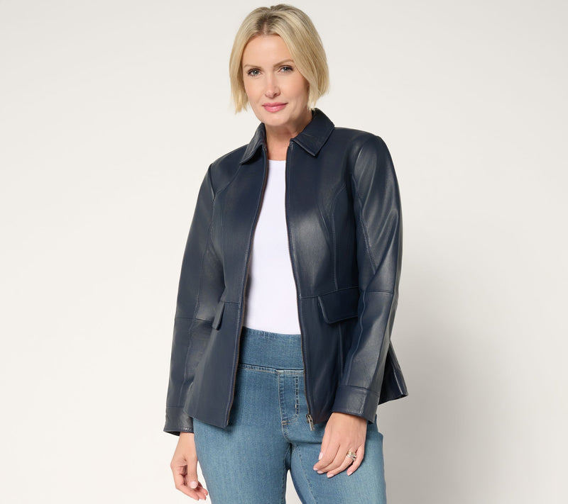 Denim & Co. Petite Lamb Leather Zip Front Jacket — View 17