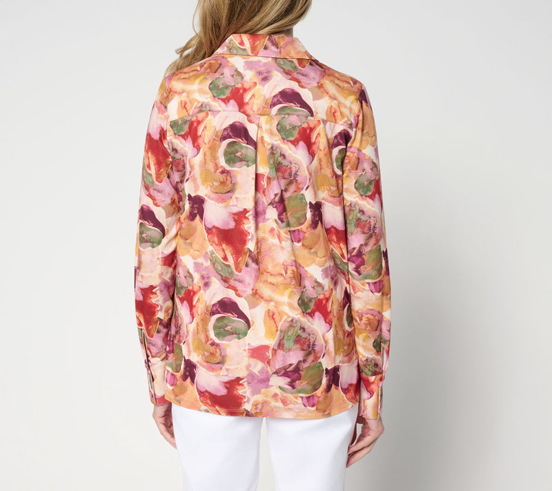 Women with Control Yummy Jersey Knit Button Down Shirt — View 4