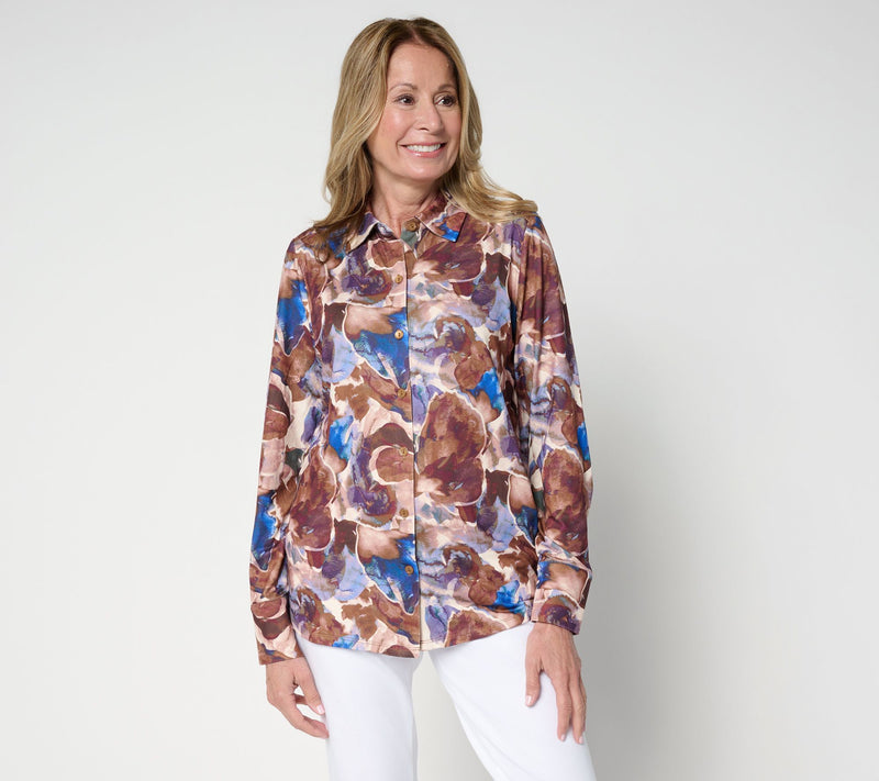 Women with Control Yummy Jersey Knit Button Down Shirt — View 13