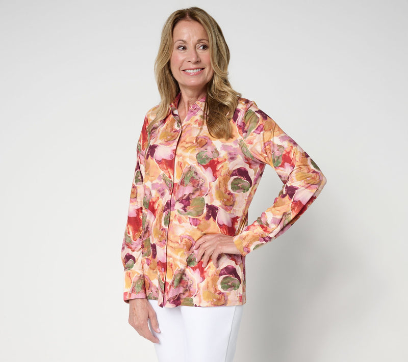 Women with Control Yummy Jersey Knit Button Down Shirt — View 14