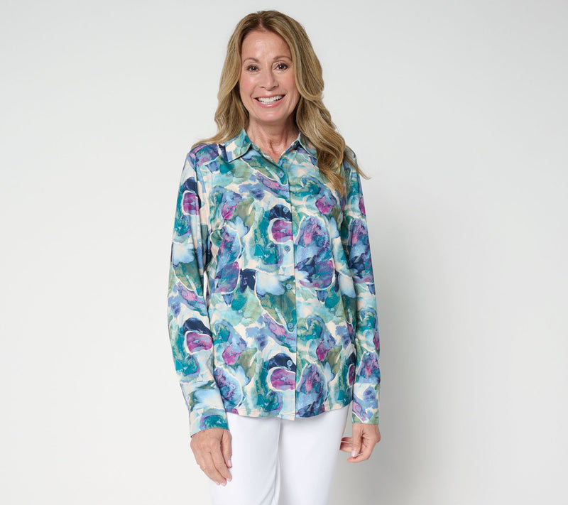 Women with Control Yummy Jersey Knit Button Down Shirt — View 15