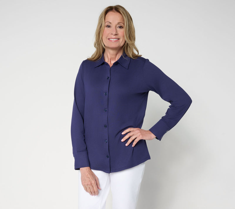 Women with Control Yummy Jersey Knit Button Down Shirt — View 16