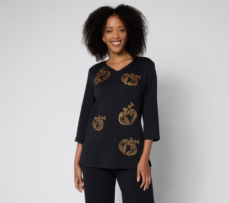 Quacker Factory Cute As A Pumpkin V-Neckline 3/4 Sleeve Top — View 10