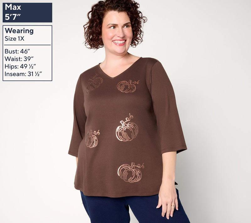 Quacker Factory Cute As A Pumpkin V-Neckline 3/4 Sleeve Top — View 2