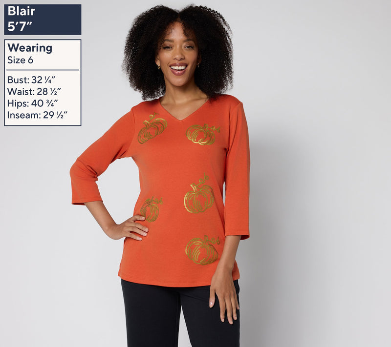 Quacker Factory Cute As A Pumpkin V-Neckline 3/4 Sleeve Top — View 3