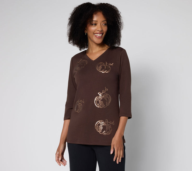 Quacker Factory Cute As A Pumpkin V-Neckline 3/4 Sleeve Top — View 12