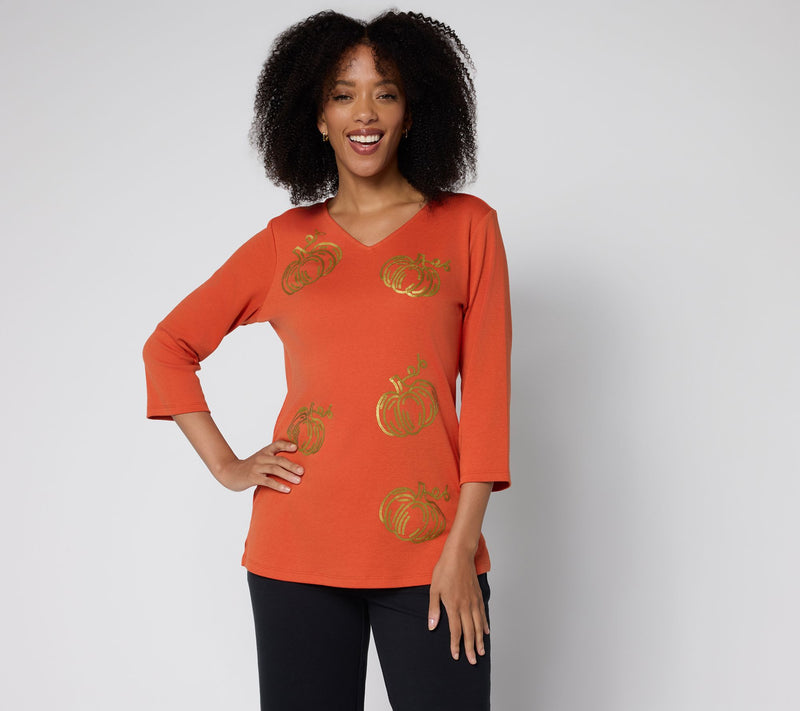 Quacker Factory Cute As A Pumpkin V-Neckline 3/4 Sleeve Top — Main view