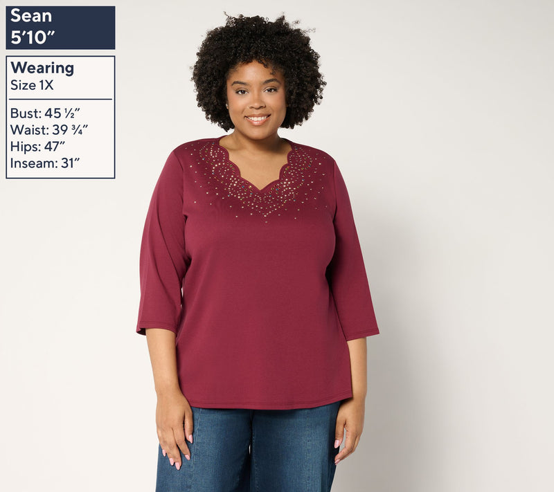 Quacker Factory Swirling Leaves Scalloped 3/4 Sleeve Top — View 8
