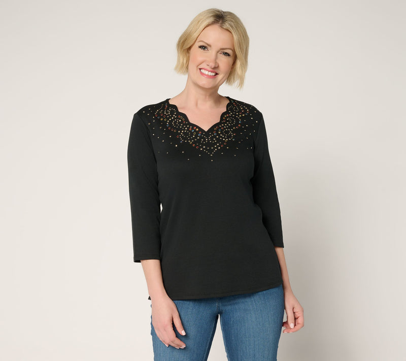 Quacker Factory Swirling Leaves Scalloped 3/4 Sleeve Top — View 7