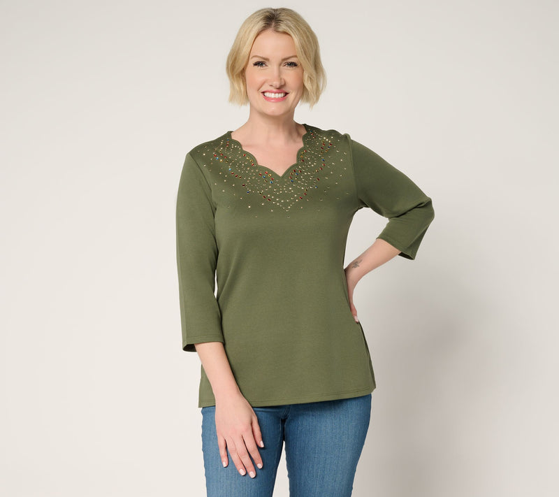 Quacker Factory Swirling Leaves Scalloped 3/4 Sleeve Top — View 3