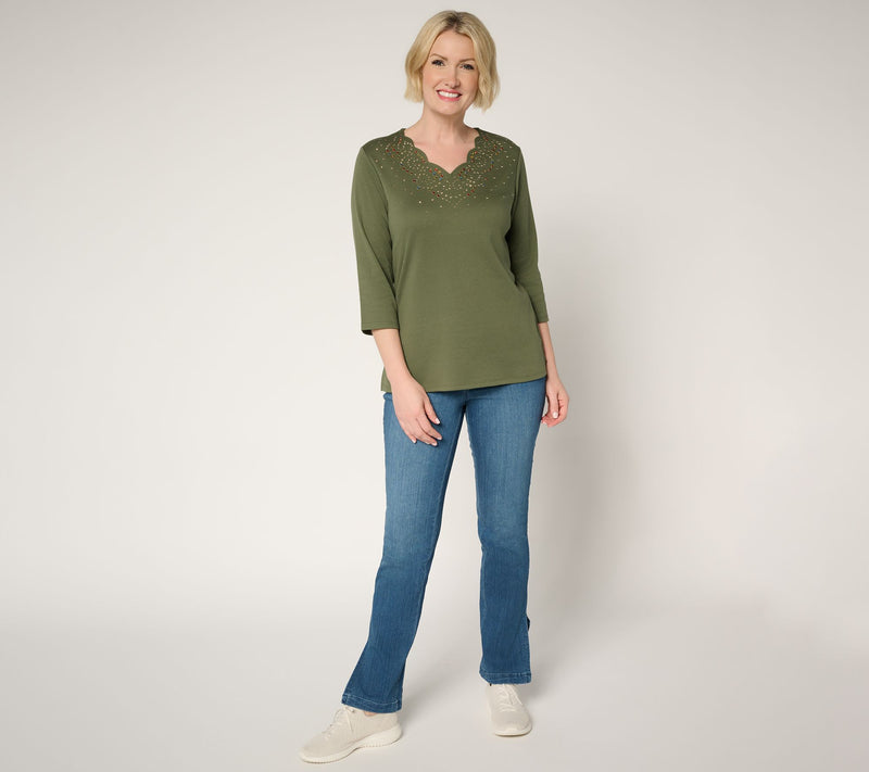 Quacker Factory Swirling Leaves Scalloped 3/4 Sleeve Top — View 11
