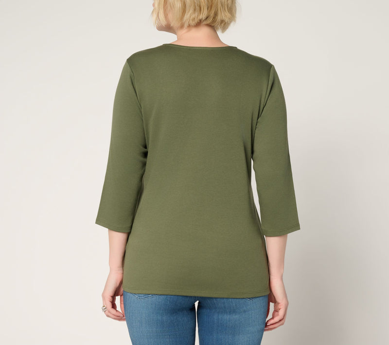Quacker Factory Swirling Leaves Scalloped 3/4 Sleeve Top — View 10