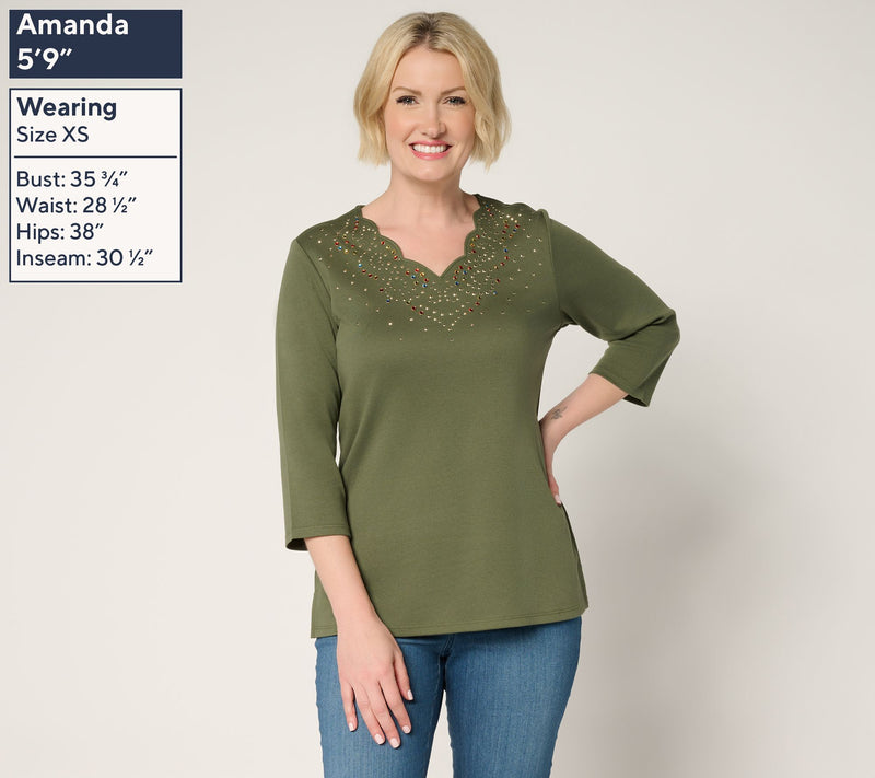 Quacker Factory Swirling Leaves Scalloped 3/4 Sleeve Top — View 9