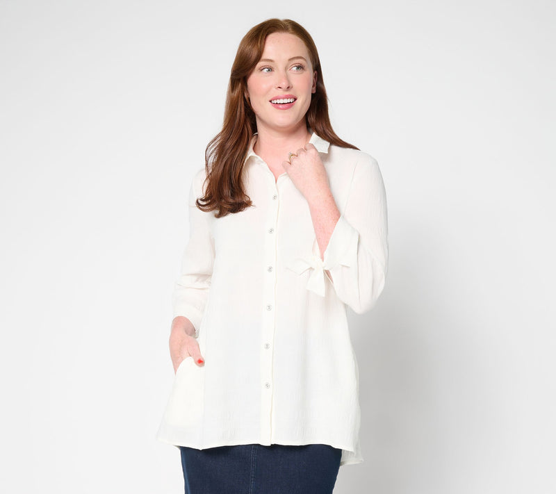 Susan Graver Regular Pucker Woven Button Front Shirt — View 5
