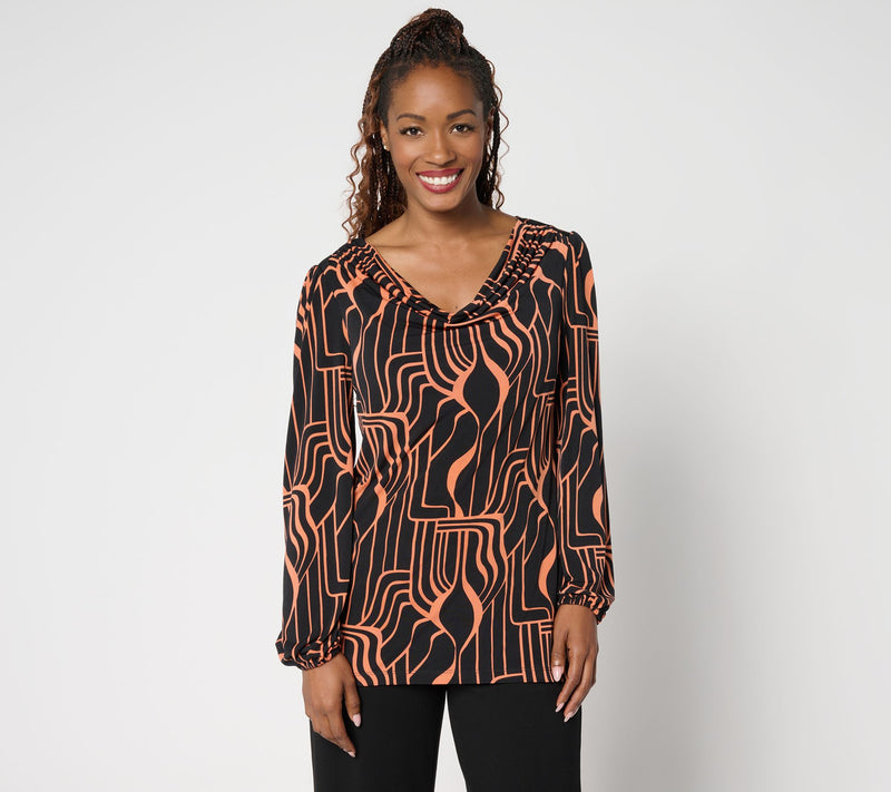 Susan Graver Printed Liquid Knit Cowl Neck Top with Blouson Sleeves — Main view