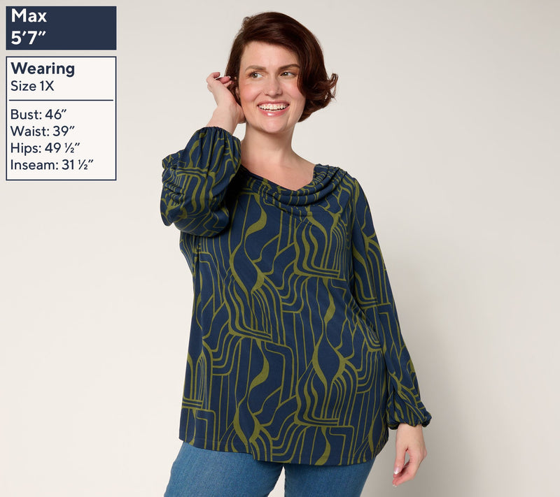 Susan Graver Printed Liquid Knit Cowl Neck Top with Blouson Sleeves — View 2